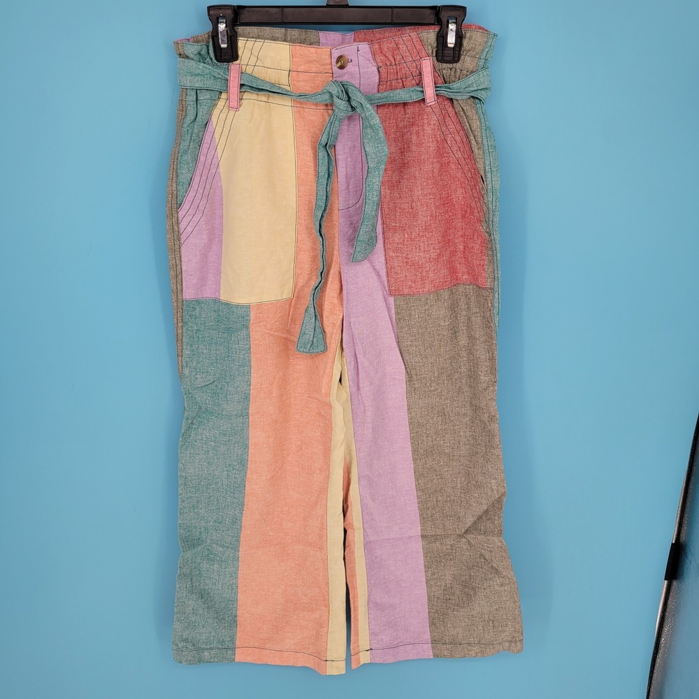 Current Air Patchwork Linen Paperbag Pants Pastel Colorblock Wide Leg Crop M
